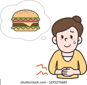 ilustración vectorial de una persona hambrienta pensando en una hamburguesa