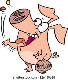 Vector illustration of hungry pig eating bag full of candy bonbons