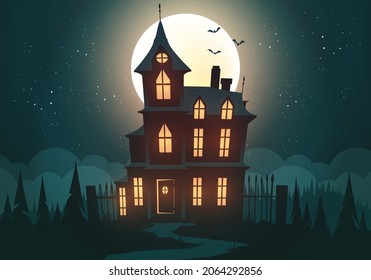 Vector Illustration Hunted Halloween House By Night