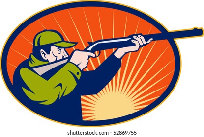 vector illustration of a Hunter aiming rifle shotgun side view set inside an ellipse