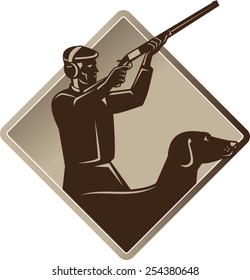 vector illustration of a hunter aiming shooting shotgun rifle with retriever dog in silhouette done retro style set inside diamond shape.