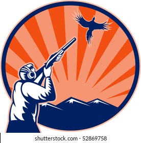 vector illustration of a Hunter aiming shotgun rifle at bird pheasant with mountains and sunburst in background