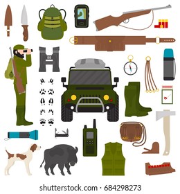 Vector illustration of hunter equipment set card. Collection of hunter ammunition. Isolated on white background.