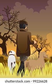 A vector illustration of a hunter going hunting with his two dogs