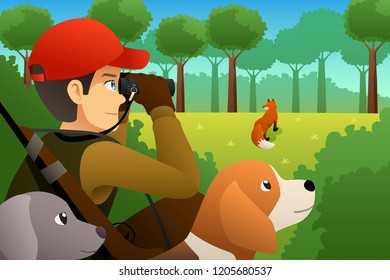 A vector illustration of Hunter With His Dog Hunting a Fox