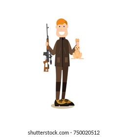 Vector illustration of hunter holding rabbit in one hand and rifle in the other. Hunter people flat style design element, icon isolated on white background.