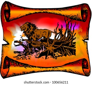 Vector illustration the hunter,  lion,  template for posters. Vector. EPS 10