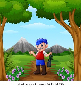 Vector illustration of Hunter man holding his gun in the jungle