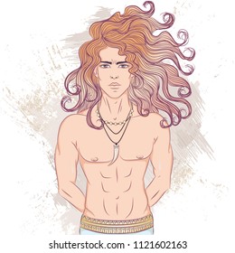 Vector illustration of a hunter man with long hair. A man with a naked torso. The illustration on decorative grunge background in retro colors