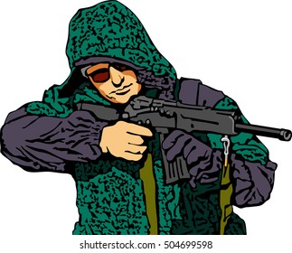 Vector illustration of hunter prepares to make the shot