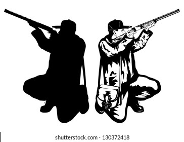 Vector Illustration Hunter With Rifle And Silhouette