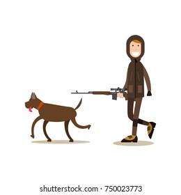 Vector illustration of hunter with rifle walking with his hunting dog. Hunter people flat style design element, icon isolated on white background.