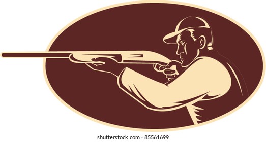 vector illustration of a hunter shooting aiming shotgun rifle viewed from side woodcut set inside oval