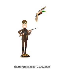 Vector illustration of hunter shooting flying wild duck. Hunter people flat style design element, icon isolated on white background.