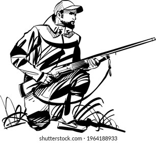 The Vector Illustration Of The Hunter With Shotgun