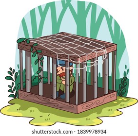 vector illustration of hunter trapped in a cage