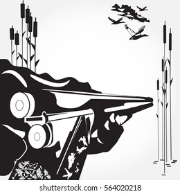 Vector illustration of hunter's hand loading a rifle and flying ducks. Black and white flat style design element.
