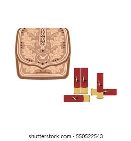 Vector illustration of hunting bag and bullets isolated on white background, flat style design