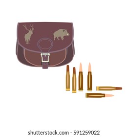 Vector illustration of hunting bag and bullets for rifle isolated on white background, flat style design