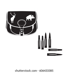 Vector illustration of hunting bag and bullets for rifle isolated in black and white colors, flat style design.