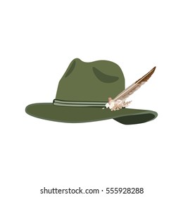 Vector illustration of hunting hat with feather and metal decoration consists of blackcock, oak leaves and acorns. Flat style design.