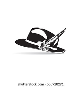 Vector illustration of hunting hat with feather and metal decoration consists of blackcock, oak leaves and acorns. Black and white flat style design