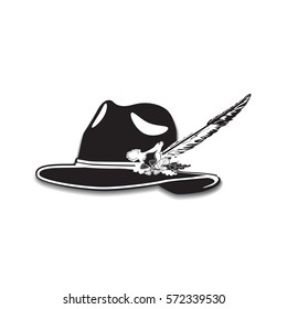 Vector illustration of hunting hat with feather and metal badge with blackcock, oak leaves and acorns. Black and white flat style design.