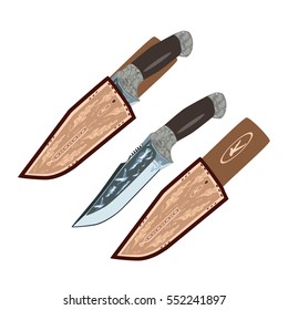 Vector illustration of hunting knife inside of leather sheath and separately, isolated on white background, flat style design.