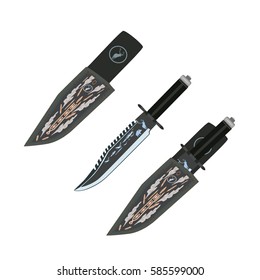 Vector illustration of hunting knife inside of leather sheath and without it, isolated on white background, flat style design.