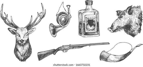 Vector illustration of hunting objects set. Hunters house elements. Deer and boar head, hunt and drinking horn, strong alcohol drink bottle, gun. Vintage hand drawn style.