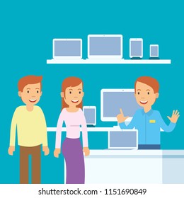 Vector illustration of husband and wife when they are to buy computer in the digital shop