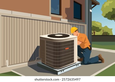 A vector illustration of HVAC Air Conditioning Worker Technician Working