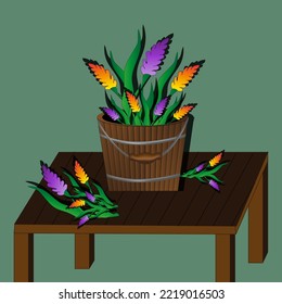 Vector illustration with hyacinth flowers on a rustic wooden table on green background. Muscari in wooden pot.