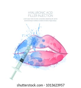 Vector illustration of hyaluronic acid filler injections or mesotherapy procedures. Watercolor female lips and syringe in water splashes. Cosmetology moisturizing procedures and beauty concept.