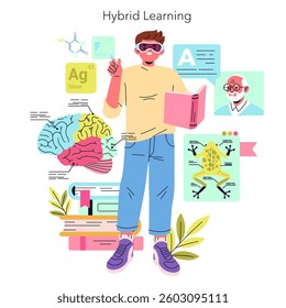 Vector illustration of hybrid learning concept. It features a student engaging with study materials, highlighting integrated education. Surrounding elements include brain diagrams and academic visuals