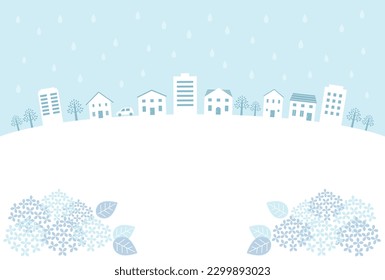 Ilustración vectorial de hidrangea y ciudad lluviosa