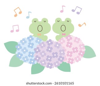 Vector illustration of hydrangea and singing cute frogs. Frog chorus, rainy season