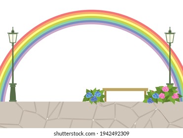 Vektorgrafik der Hydrangea Straße mit Regenbogen nach dem Regen 