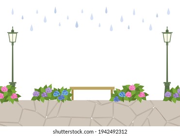 Vector illustration of hydrangea street in rainy season