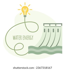 Vector illustration of a hydroelectric power station as a source of eco-energy. Environmental protection concept, renewable energy. Background images for poster, banner, cover.