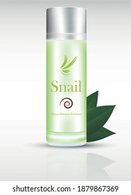 Vector Illustration. Hydrogel bottle with mucus snail. Skin Repairing, emulsion, cream. Advertising.