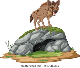 Vector illustration of a hyena on a rock, showcasing detailed textures and vibrant colors in a natural setting