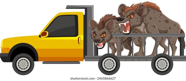 Vector illustration of hyenas transported in a truck