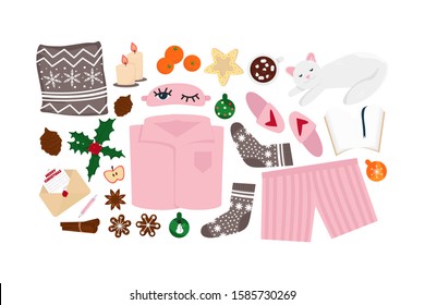 Vector Illustration Of Hygge Winter Elements Set Isolated On White Background.Cute Scandinavian Lifestyle Objects For Winter Holidays.Usable For Greeting Card With Cozy Things Like Pajama, Food, Drink