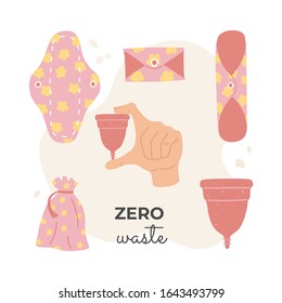 Vector illustration. Hygiene and care items during menstruation. Zero waste objects. 