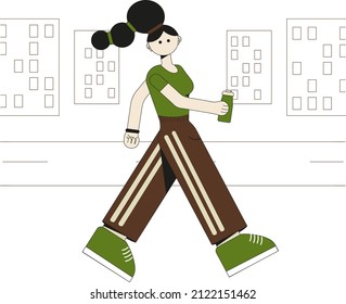 Vector illustration of hyperbolic sport girl character. A girl in sportswear walks around the city