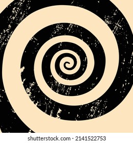  Vector illustration of hypnotic spiral abstract background in retro style. Vintage trance psychedelic grunge spiral in black and beige colors. Optical illusion
