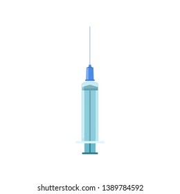 Vector illustration of a hypodermic syringe isolated on white background. Medical poster. Vaccination, treatment and blood donation concept.