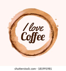 Vector illustration with "I love coffee" phrase and pour coffee blot