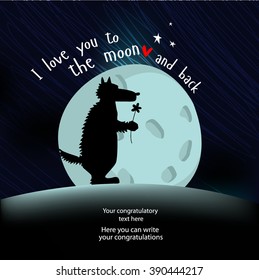 Vector illustration of "I love you to the moon and back" with the wolf, which gives a flower to the background of the moon in space. Greeting card, poster, invitation for Valentine's Day, birthdays.